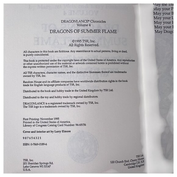 Dragonlance Chronicles Dragons Of Summer Flame HC DJ Book 1995 1st Edition Print - Picture 4 of 9